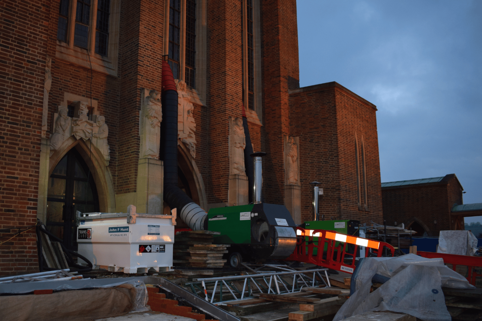 Climex Indirect Oil-Fired Heater outside a cathedral, provindg warm air inside whilst maintenance is carried out inside