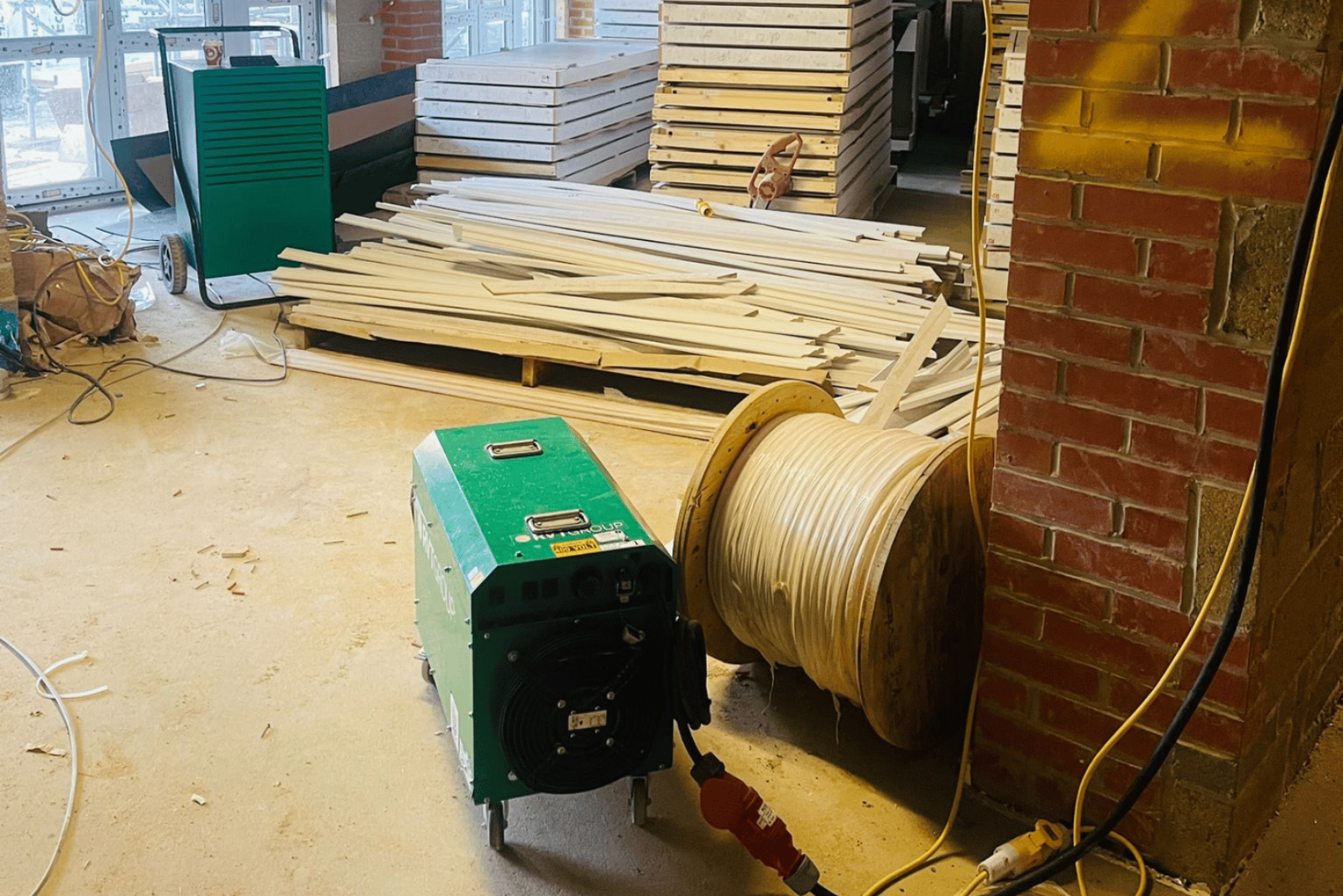 Electric Fan Heater 18KW and dehumidifier working together to circulate warm, dry air to dry out the newbuild structure