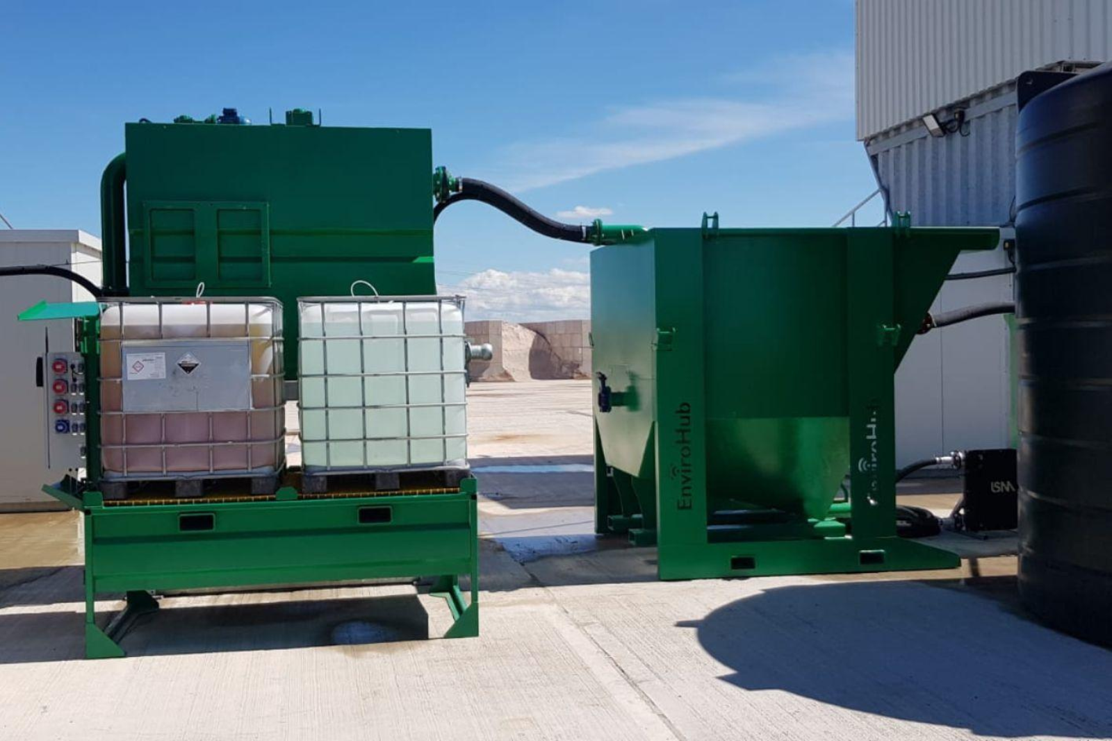 EnviroHub HL50 settlement tank, treatment tank and dosing skid ready to provide water treatment on an industrial project
