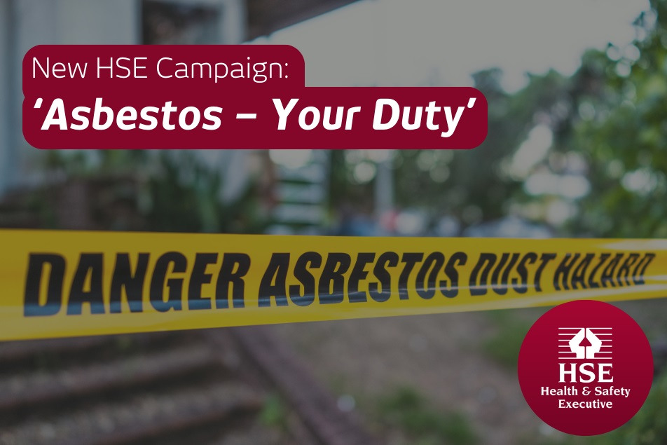 Close up of yellow tape with the words "Danger Asbestos Dust Hazard" on it