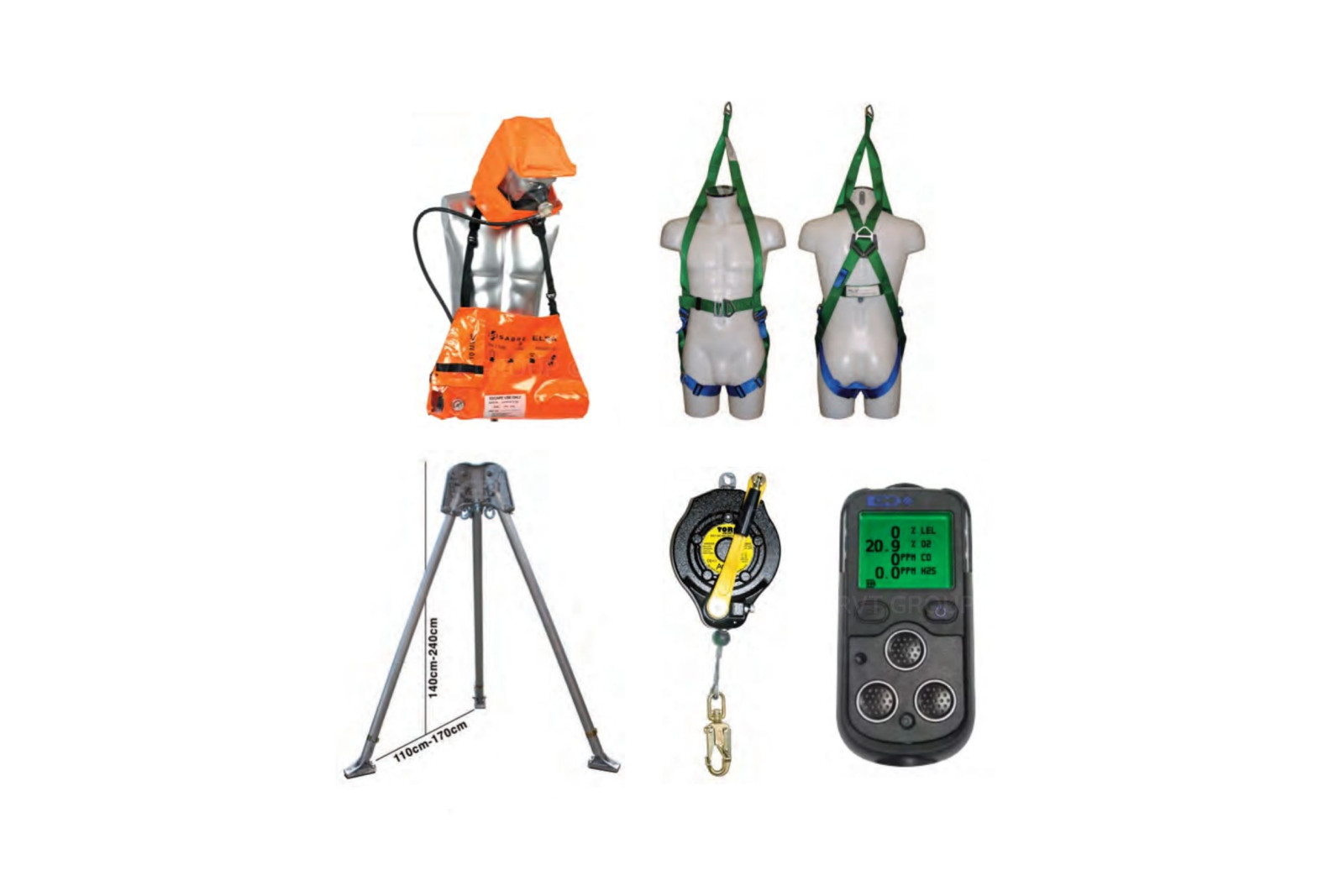 Confined Space 5 Piece Kit consisting of a Two Person Tripod, Fall Arrest Recovery Device, Rescue Harness, 4 Gas Monitor and Constant Flow Escape Set