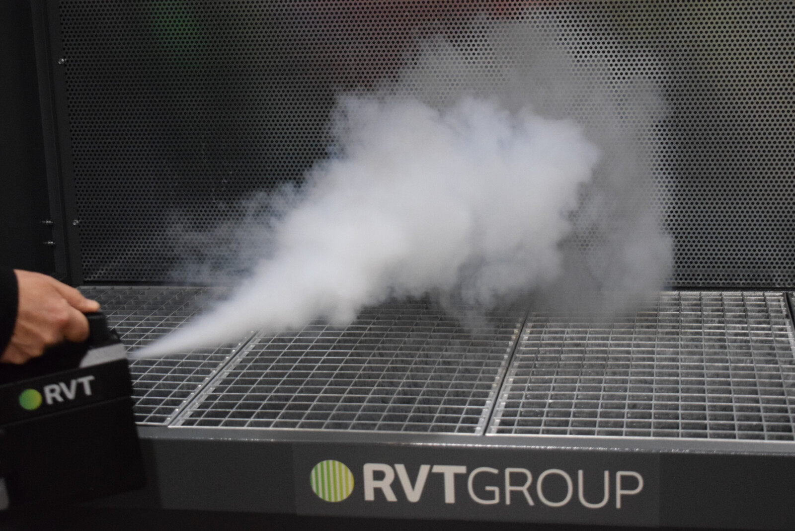 Dustex Downdraft bench undergoing smoke testing at RVT Group_s warehouse