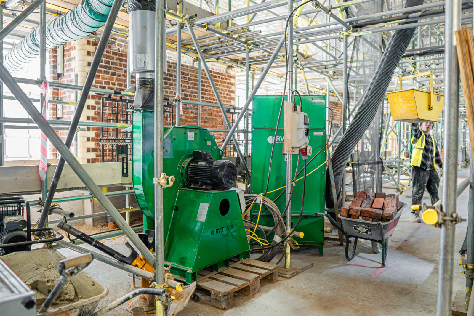 Dustex Superfilta and Ventex Centrifugal fan extracting dust on a live site