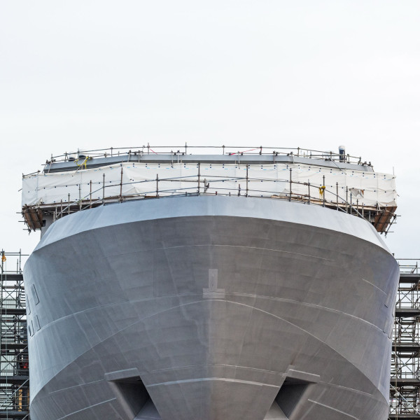 grey ship docked for works to be carried out