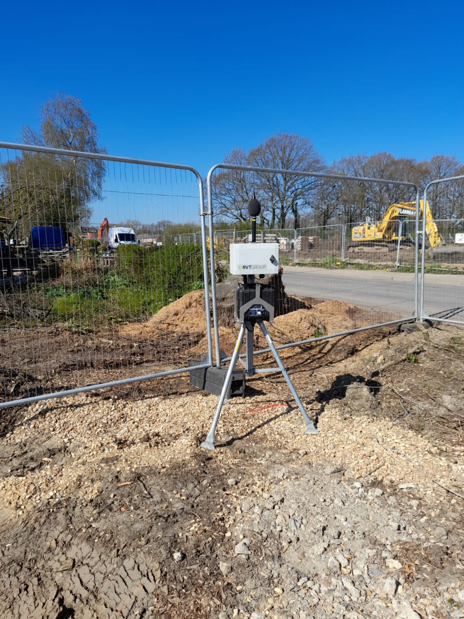 Monitex Area noise monitor on one side of a road whilst excavating takes place on the other side of the road