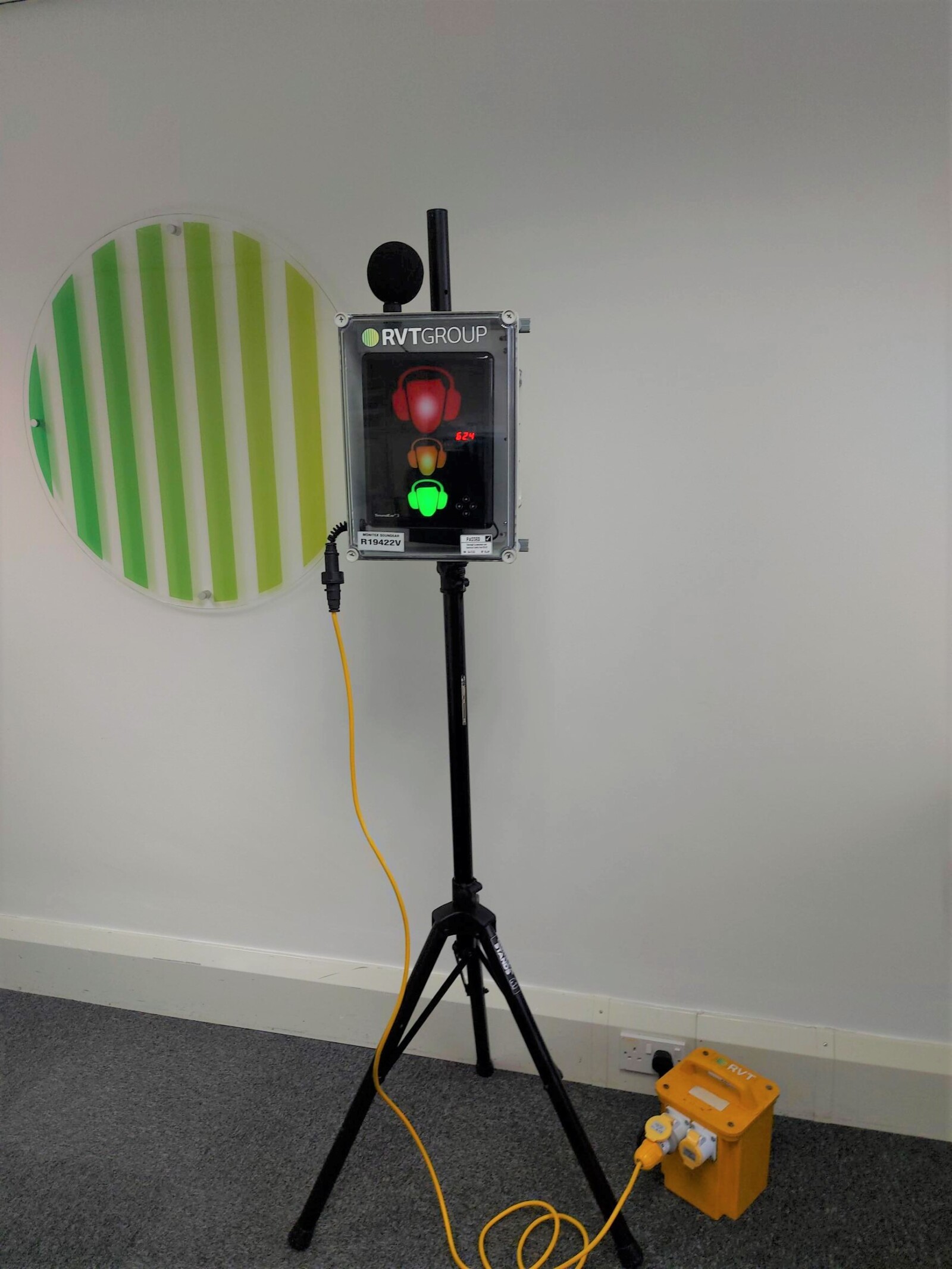 Portable Noise Level Warning System with Tripod in use with green light showing