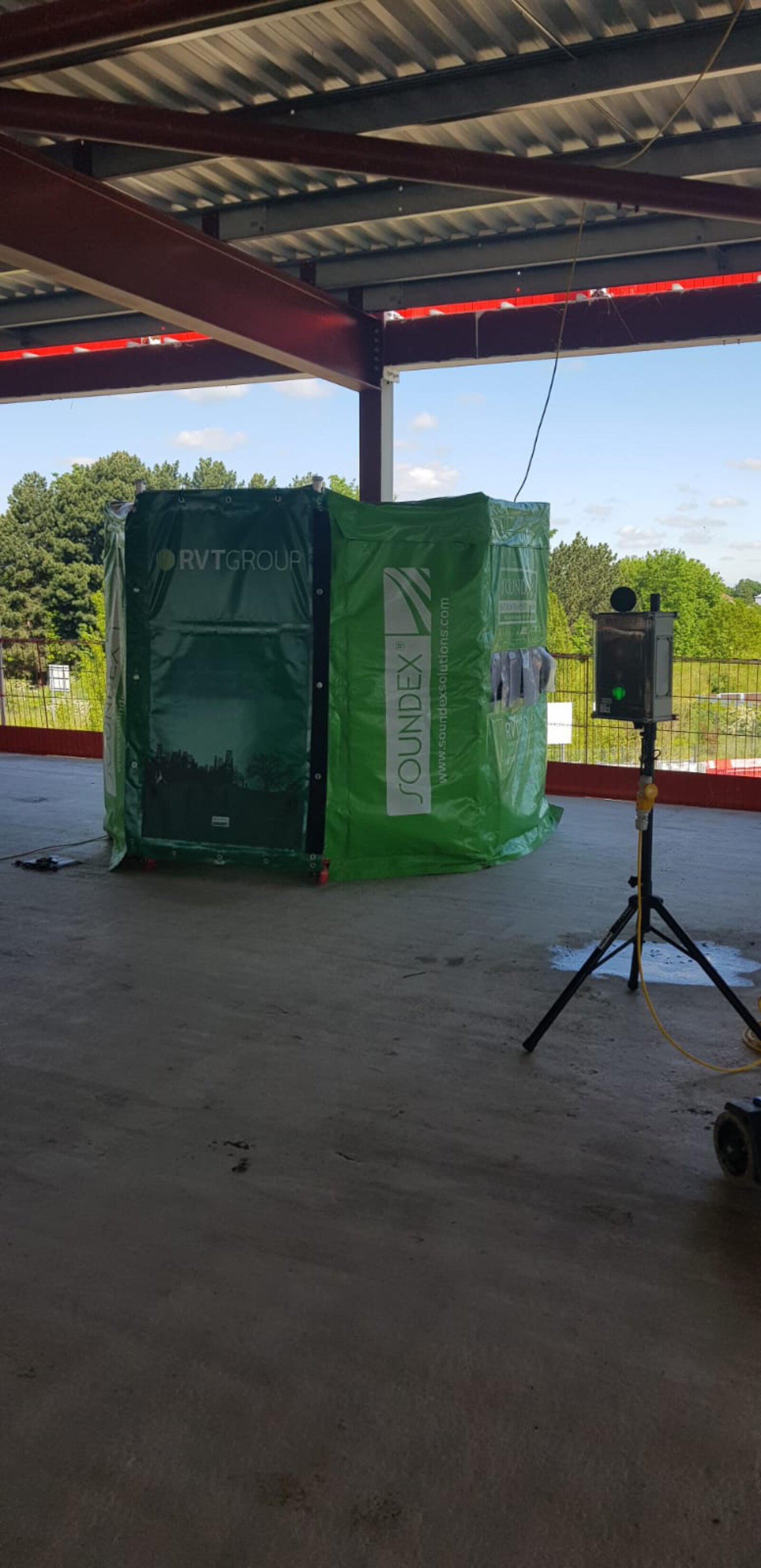 Soundex Cutting Enclosure with Door Panel and the monitex Portable Noise Level Warning System