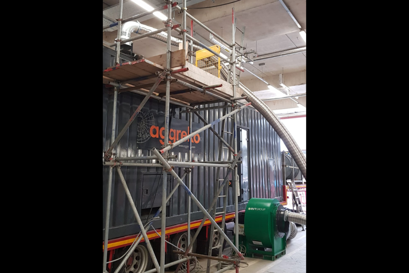 VENTEX Centrifugal Fan 450S making up part of an exhaust fume extraction system with a pipe leading from the generator_s exhaust to the fan