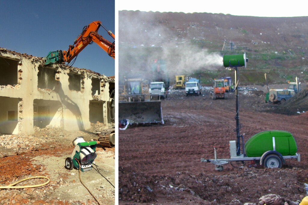 Two side by side images of dust suppression in action