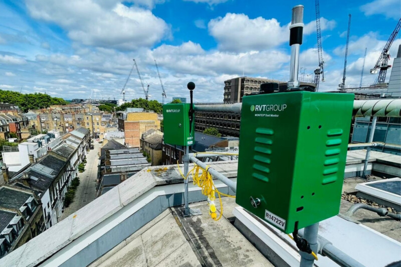 Environmental monitors on a roof in an urban area